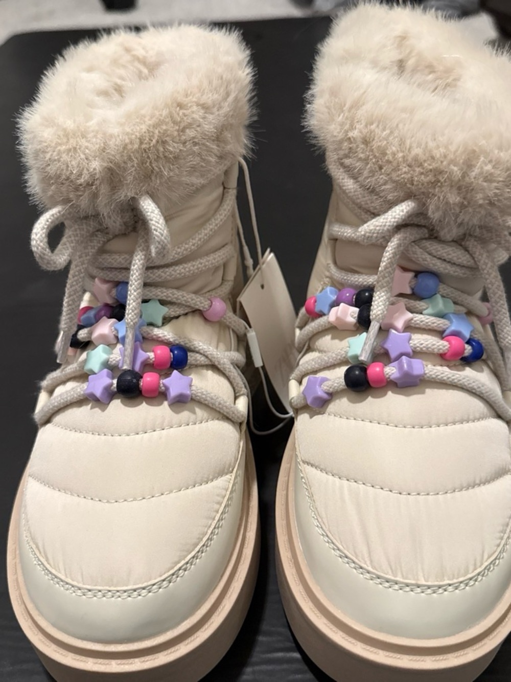Kids Cream Faux-Fur Lined Winter Boots with Colorful Bead Accents